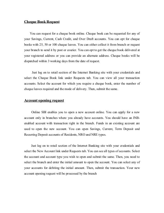 State Bank Of India Cheque Book Request Form